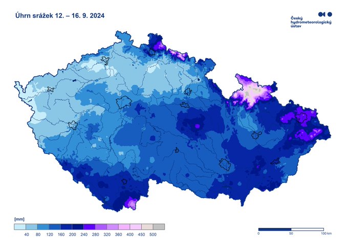 Suma opadów w Czechach za okres 12-16.09.2024