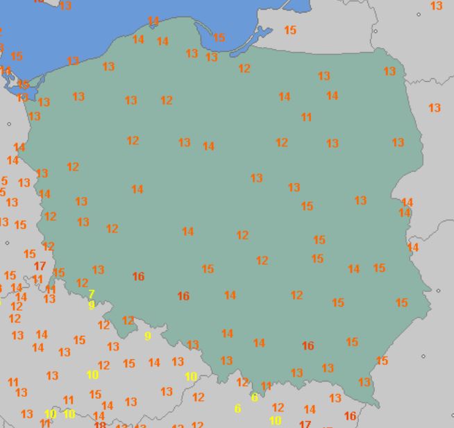 Temperatura powietrza o godzinie 6 w poniedziałek 