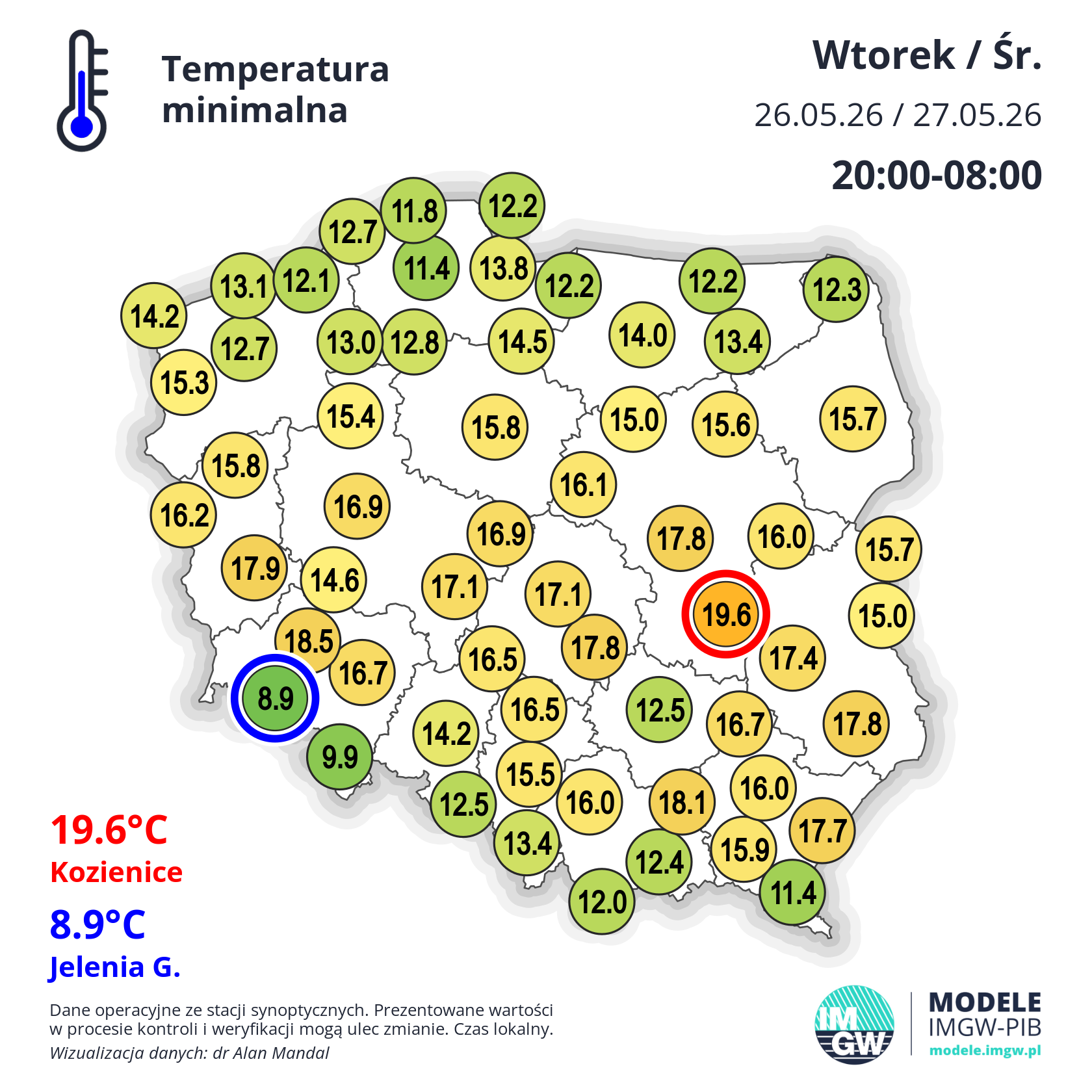 Temperatura minimalna w nocy z wtorku na środę 