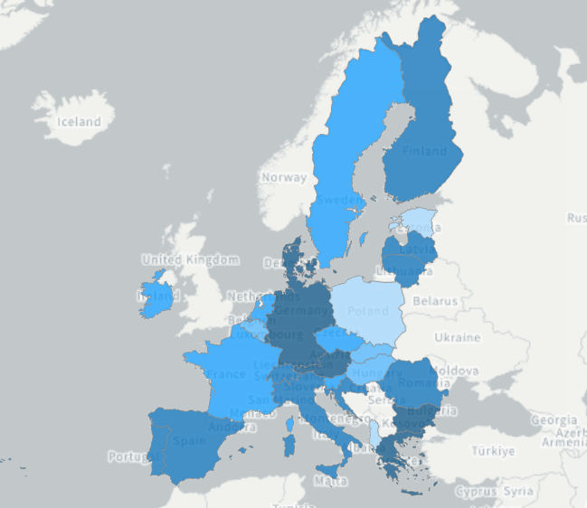 Europejskie kąpieliska o bardzo dobrej jakości wody. Najjaśniejszy kolor oznacza kraje, w których poniżej 60 procent kąpielisk spełnia ten warunek