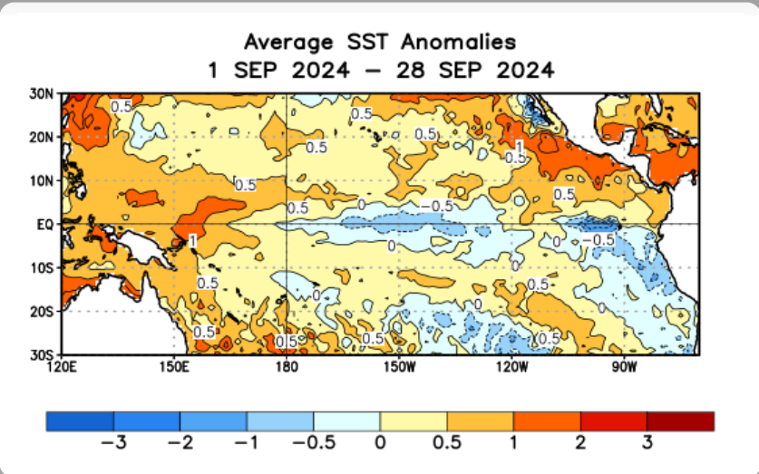Średnie anomalie temperatury powierzchni wody w tropikalnym Oceanie Spokojnym we wrześniu