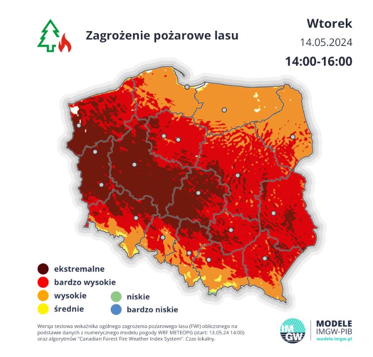 Zagrożenie pożarowe we wtorek