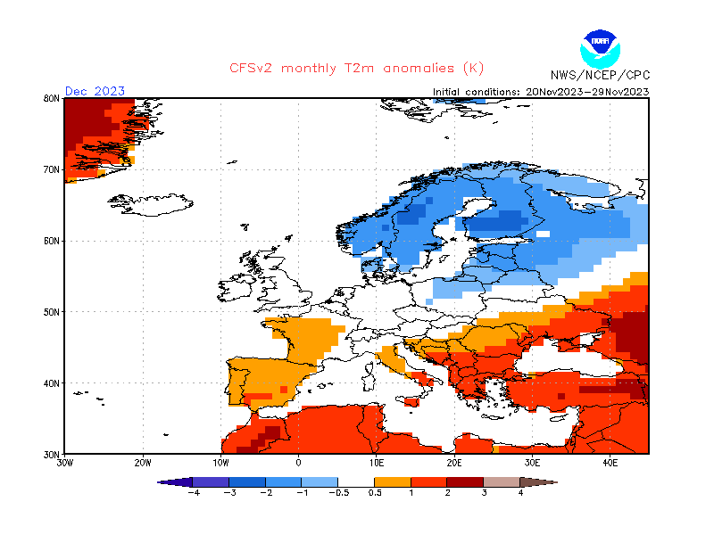 Prognoza odchylenia od nomy średniej miesięcznej temperatury w grudniu 2023