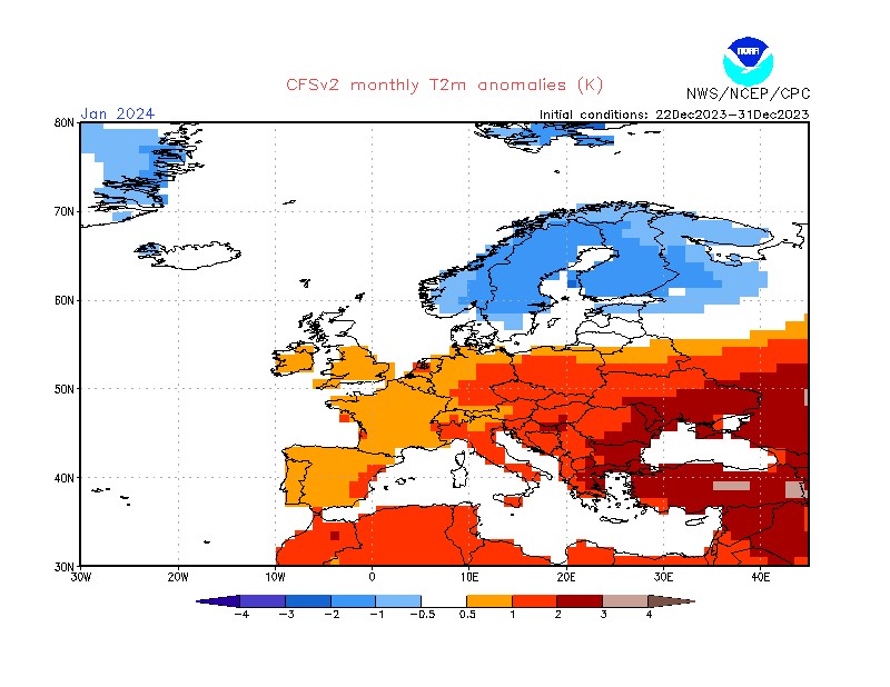Prognoza odchylenia średniej miesięcznej temperatury od normy wieloletniej w styczniu