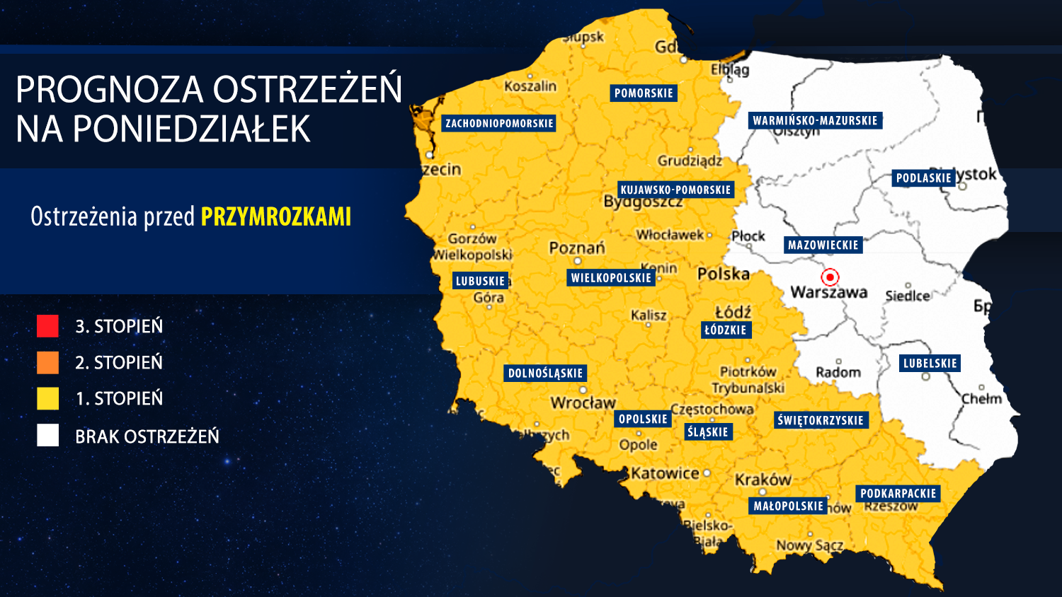 Prognoza zagrożeń meteorologicznych na poniedziałek
