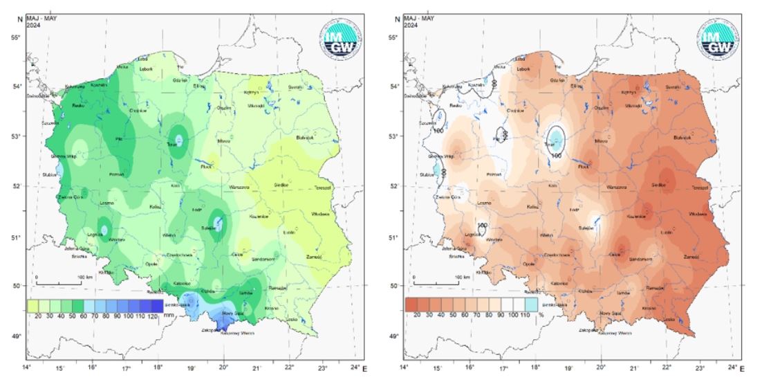 Przestrzenny rozkład miesięcznej sumy opadów w kwietniu 2024 r. oraz przestrzenny rozkład anomalii sumy opadów w stosunku do normy (tj. średniej miesięcznej wartości wieloletniej elementu w okresie 1991-2020)