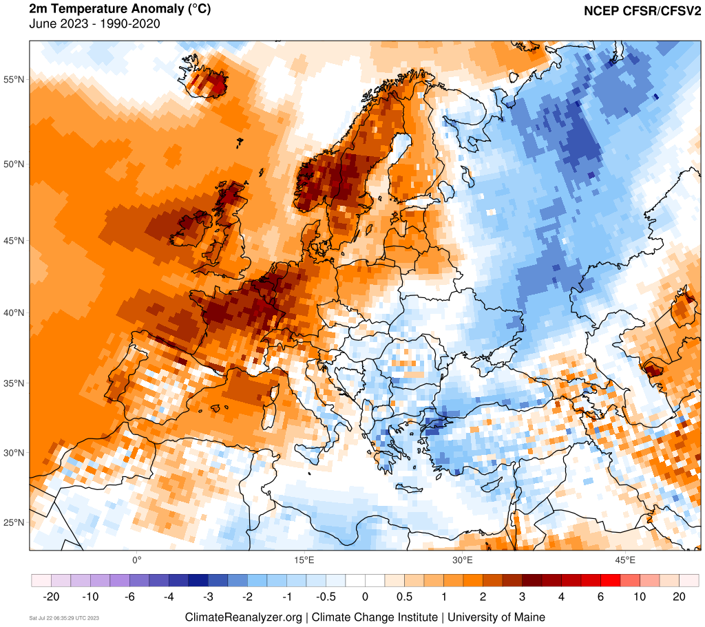 Odchylenie temperatury średniej w czerwcu 2023 od roku 1990 in plus