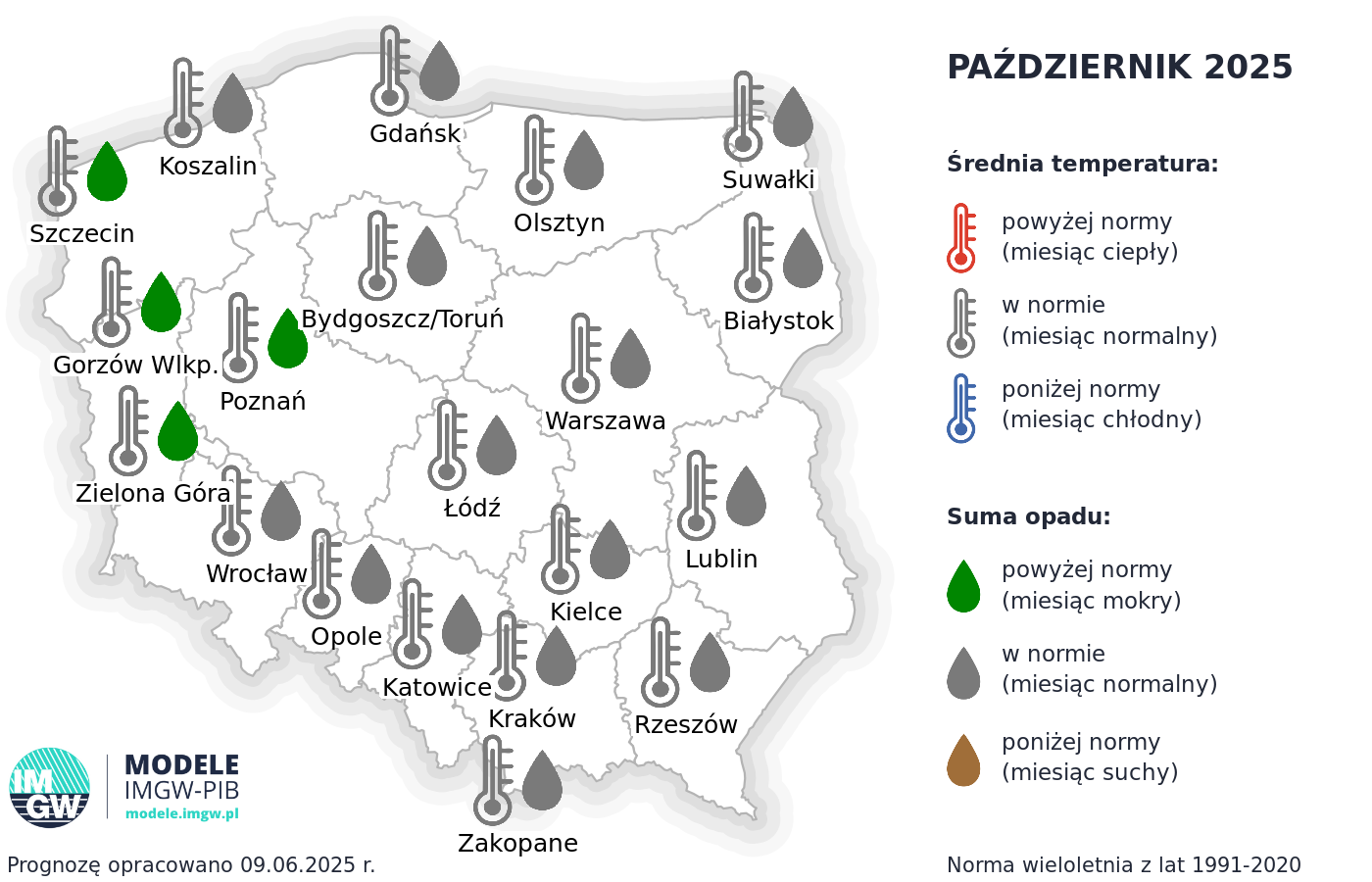 Prognoza średniej miesięcznej temperatury powietrza i miesięcznej sumy opadów atmosferycznych dla wybranych miast w Polsce na październik 2025