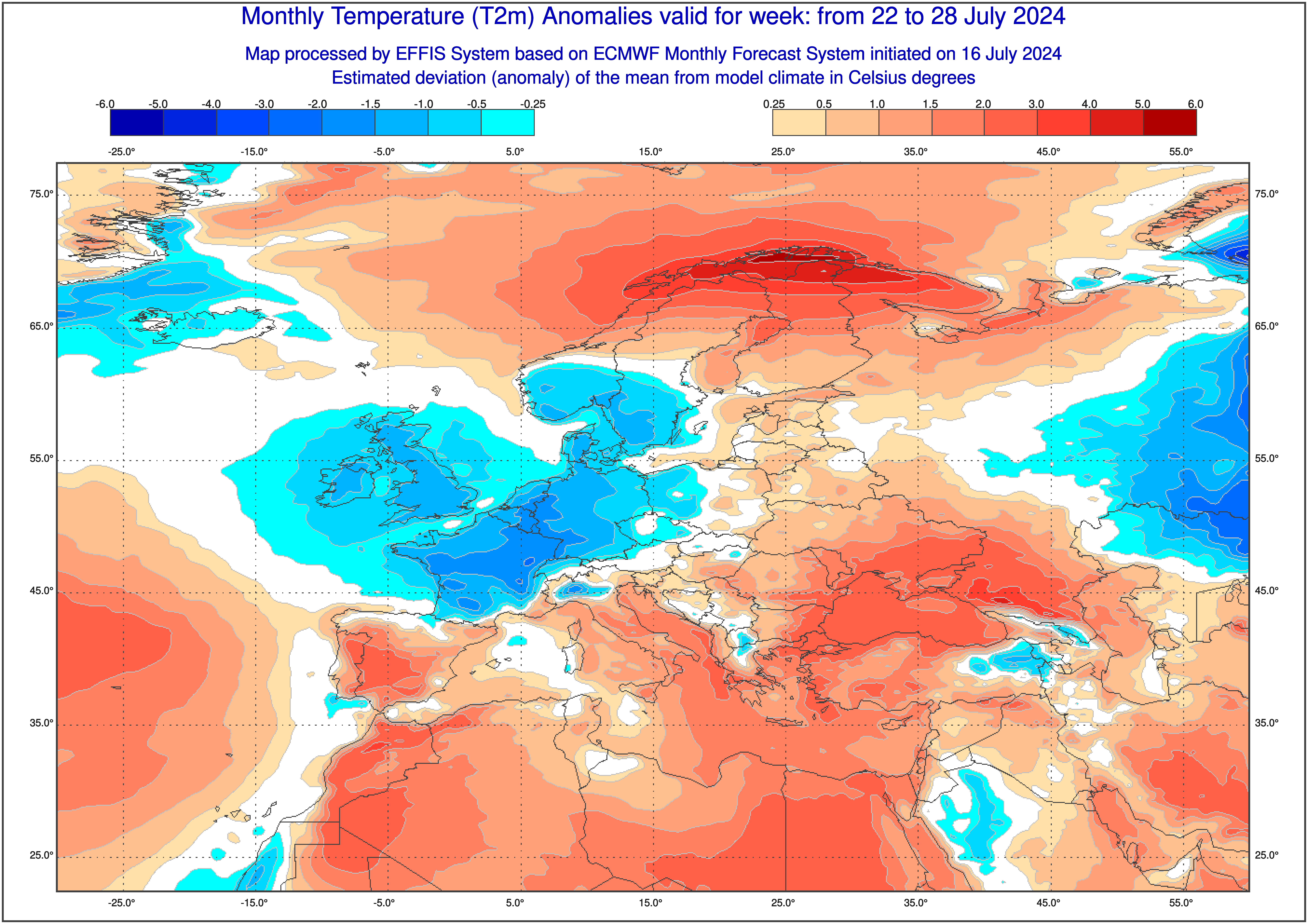 Prognoza odchylenia średniej temperatury od normy w tygodniu 22-28 lipca 2024