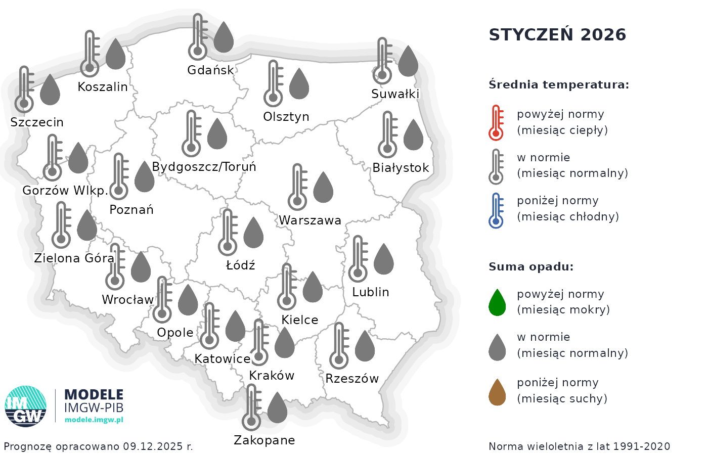 Prognoza średniej miesięcznej temperatury powietrza i miesięcznej sumy opadów atmosferycznych dla wybranych miast w Polsce na styczeń 2026