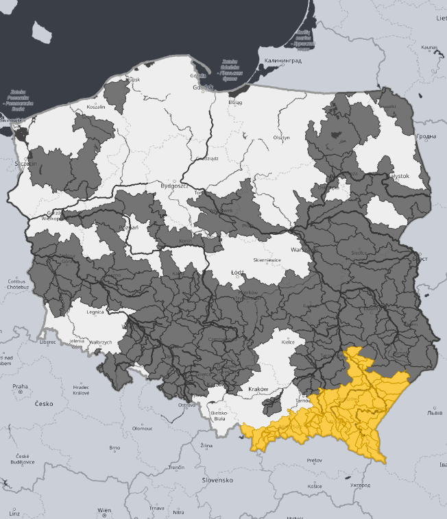 Ostrzeżenia hydrologiczne IMGW. Kolor szary: susza hydrologiczna. Kolor żółty: gwałtowne wzrosty stanów wody