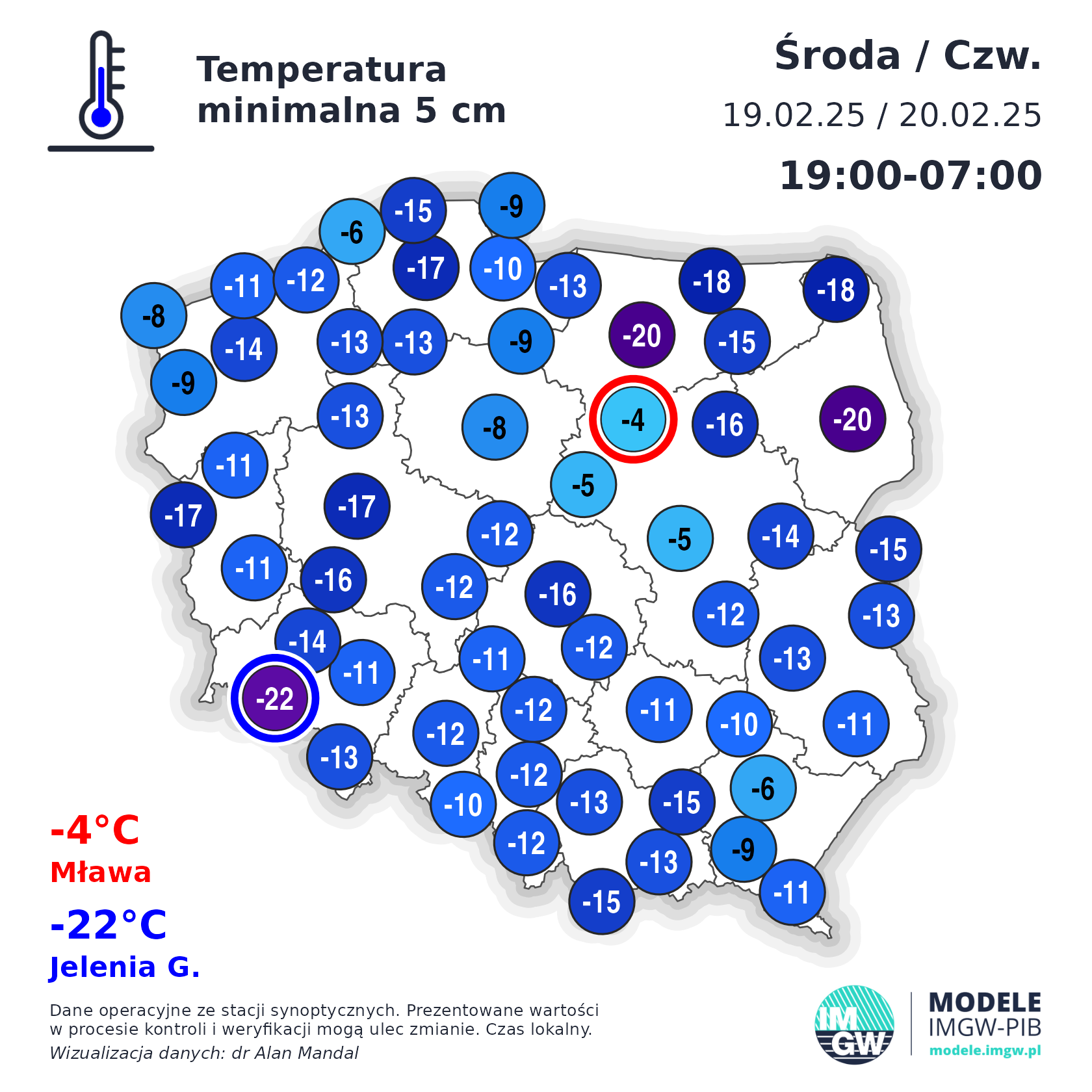 Temperatura przy gruncie minionej nocy