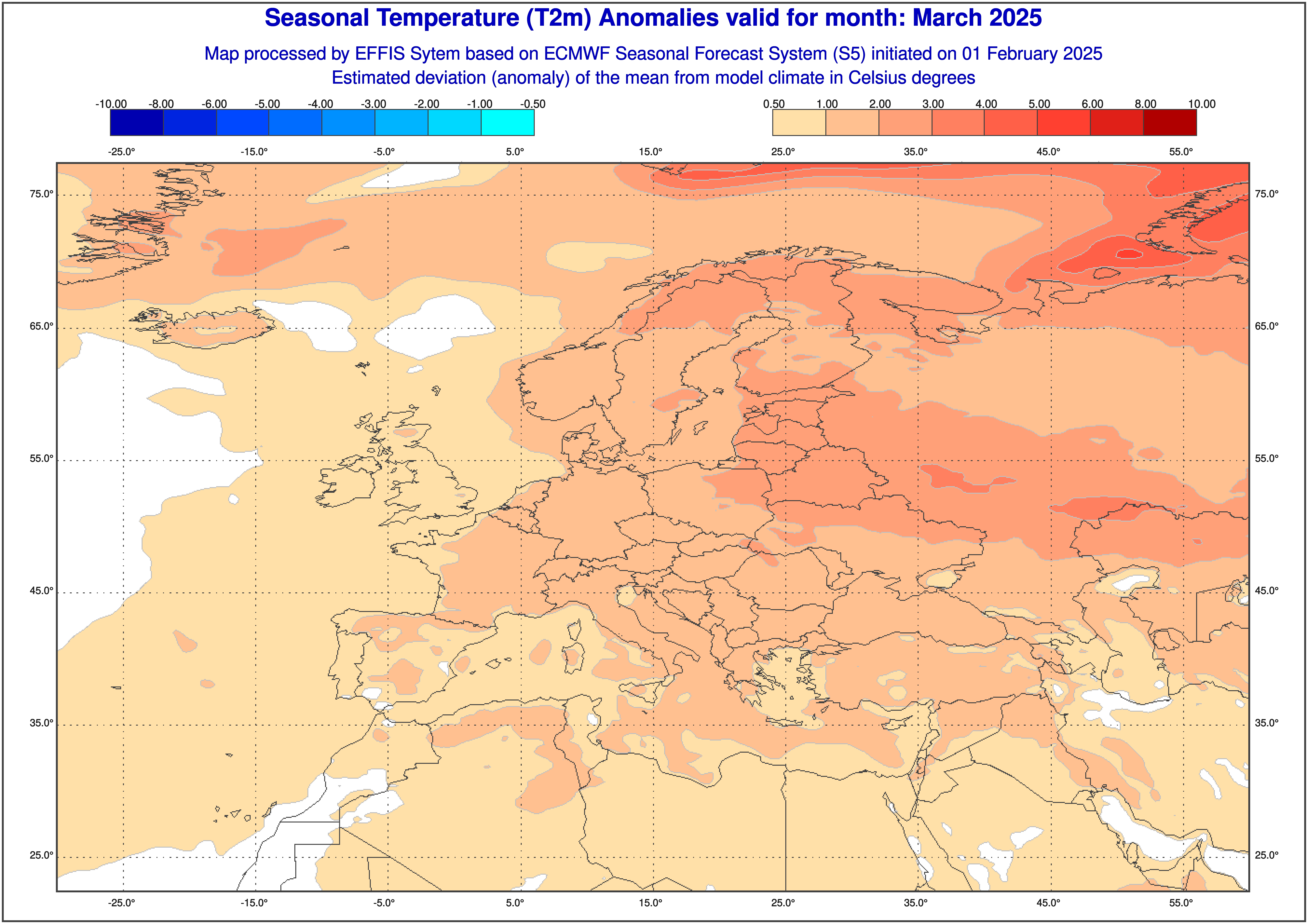 Prognozowane odchylenie średniej miesięcznej temperatury w marcu 2025 roku