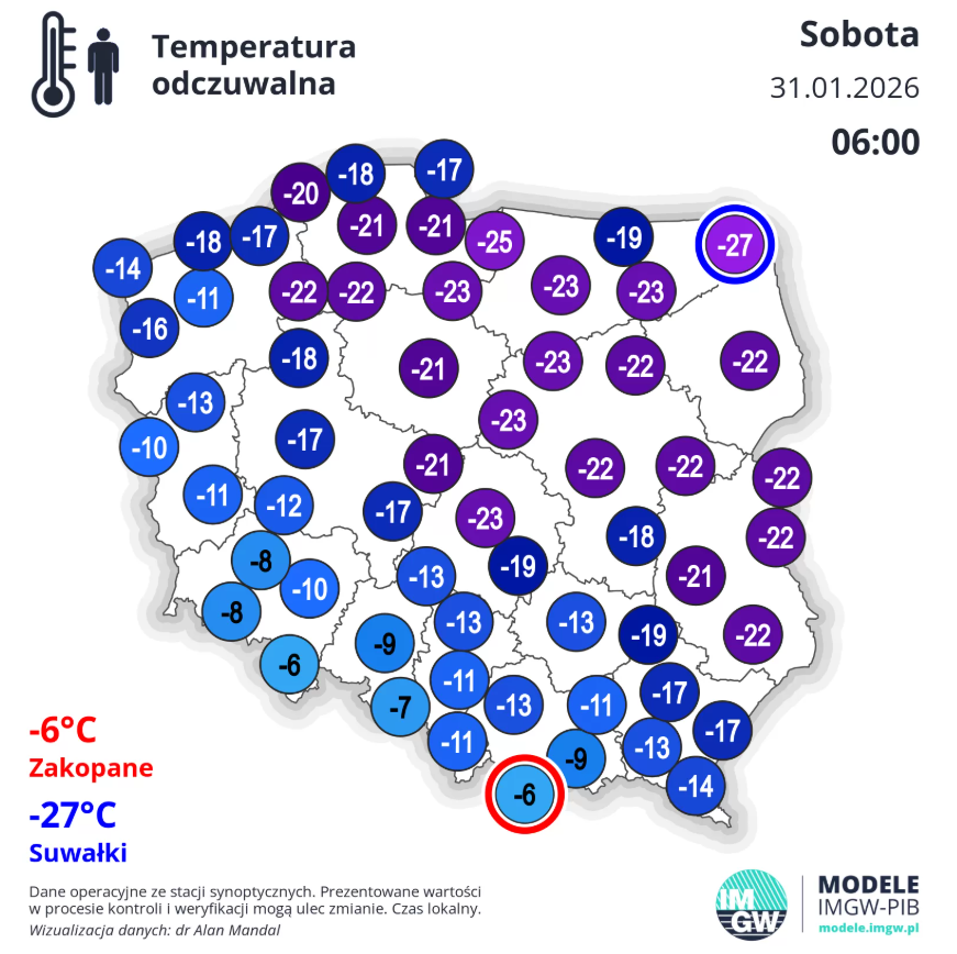 Temperatura odczuwalna w Polsce w sobotę 31 stycznia o godzinie 6 rano