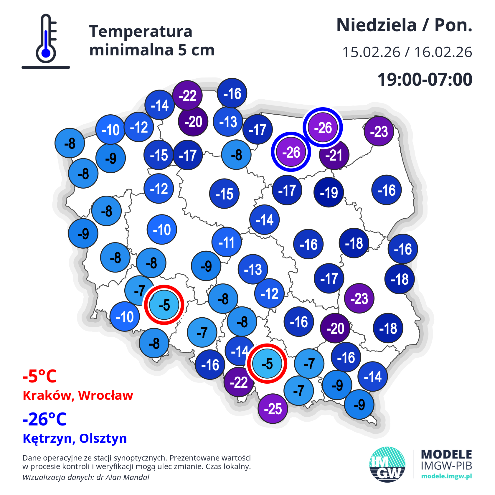 Temperatura minimalna przy gruncie w nocy 15/16.02.26