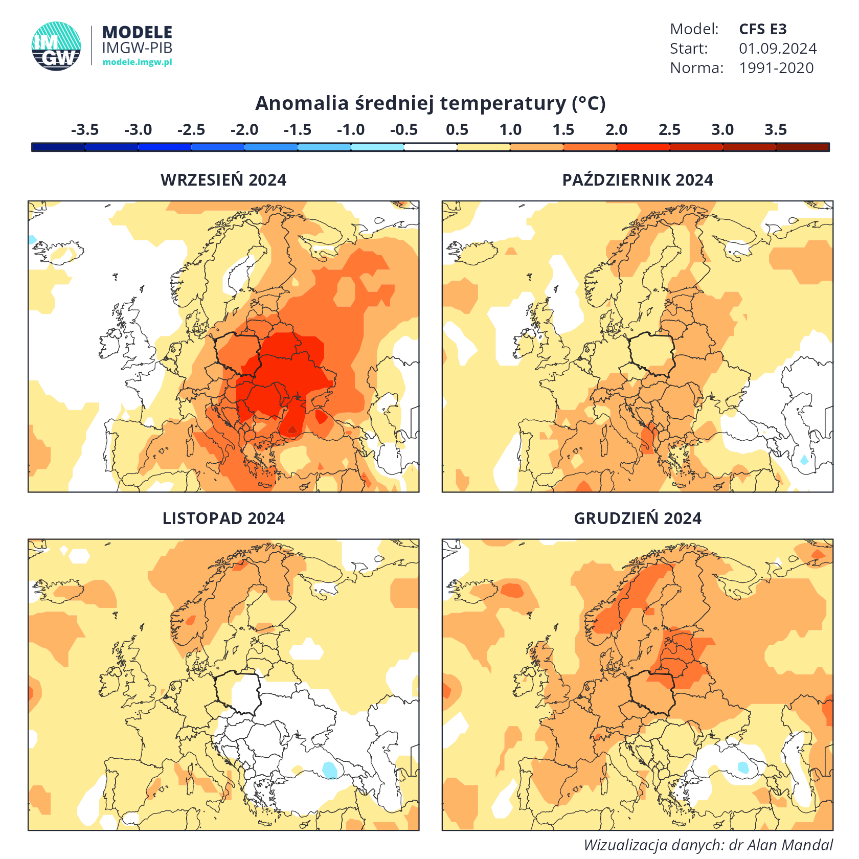 Anomalia średniej temperatury na okres wrzesień-grudzień 2024