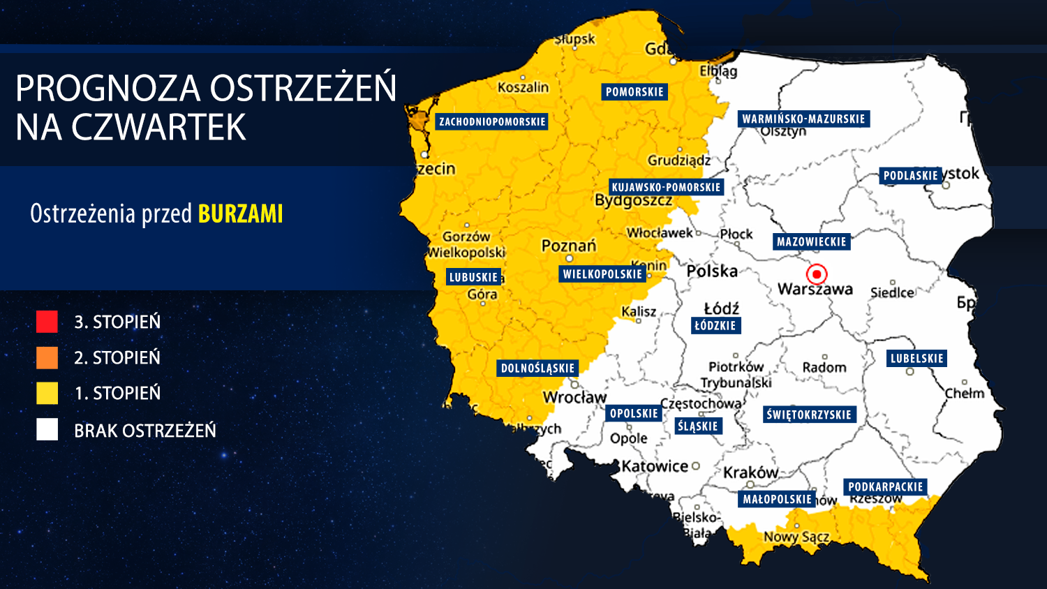 Prognoza ostrzeżeń meteorologicznych na czwartek