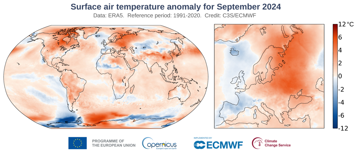 Odchylenie temperatury na powierzchni ziemi we wrześniu 2024 r. w stosunku do średniej z lat 1991-2020