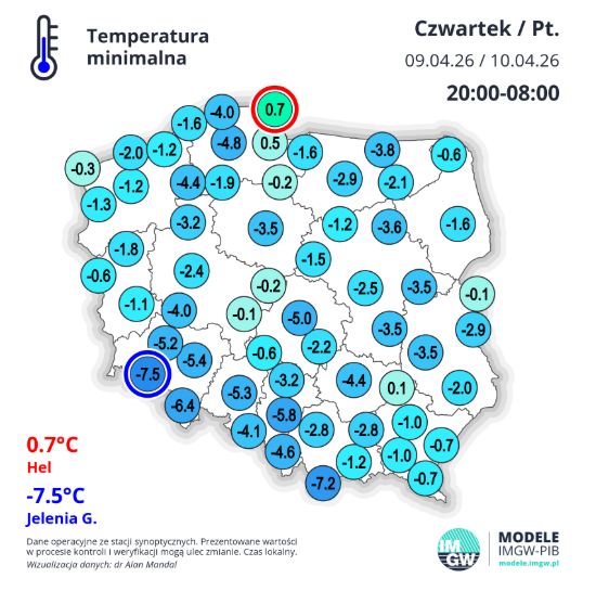 Temperatura minimalna w nocy 9/10.04.26 na wysokości 2 m