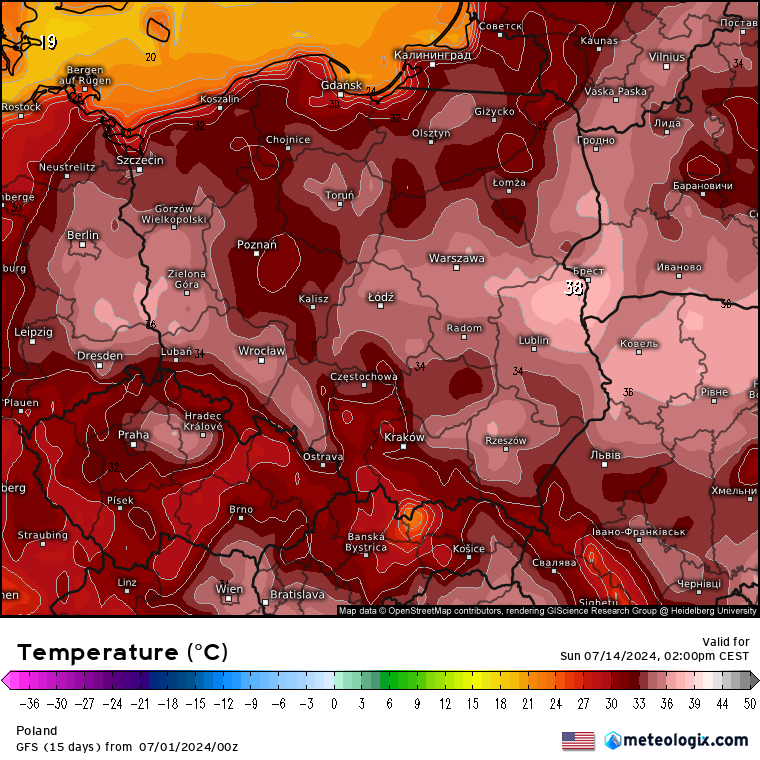 Temperatura prognozowana na 14 lipca - lokalnie powyżej 35 st. 