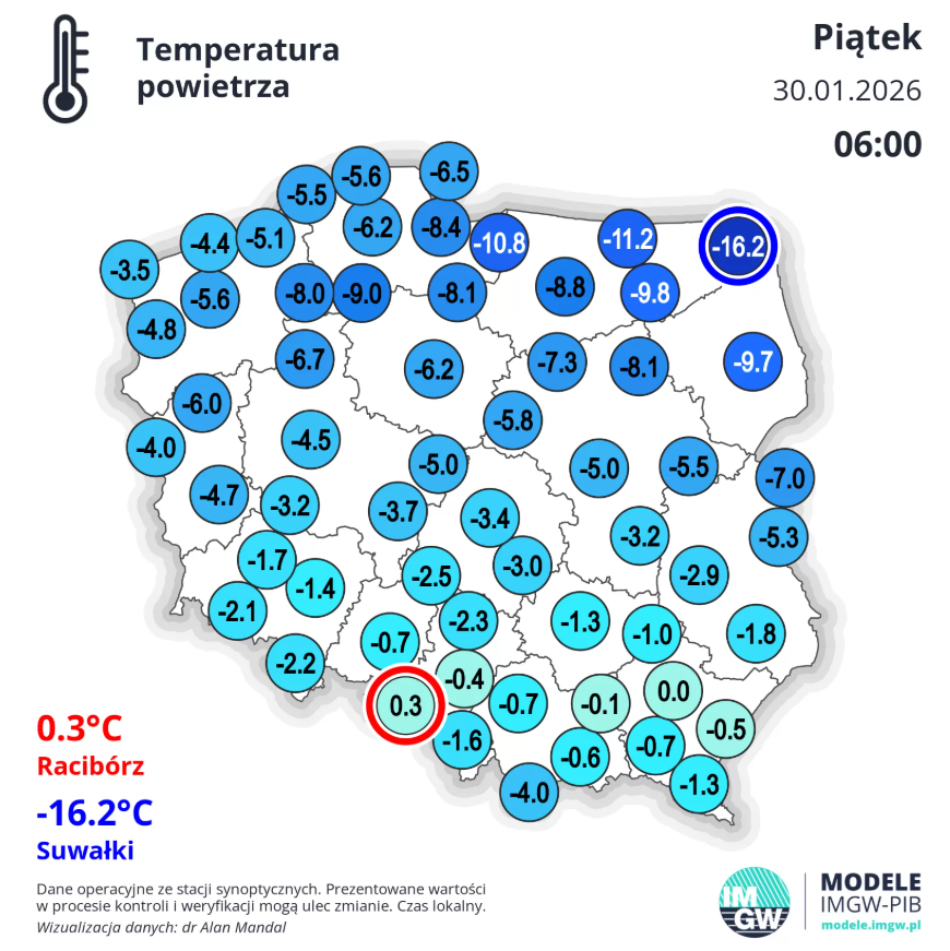 Temperatura w Polsce w piątek 30 stycznia o godzinie 6 rano