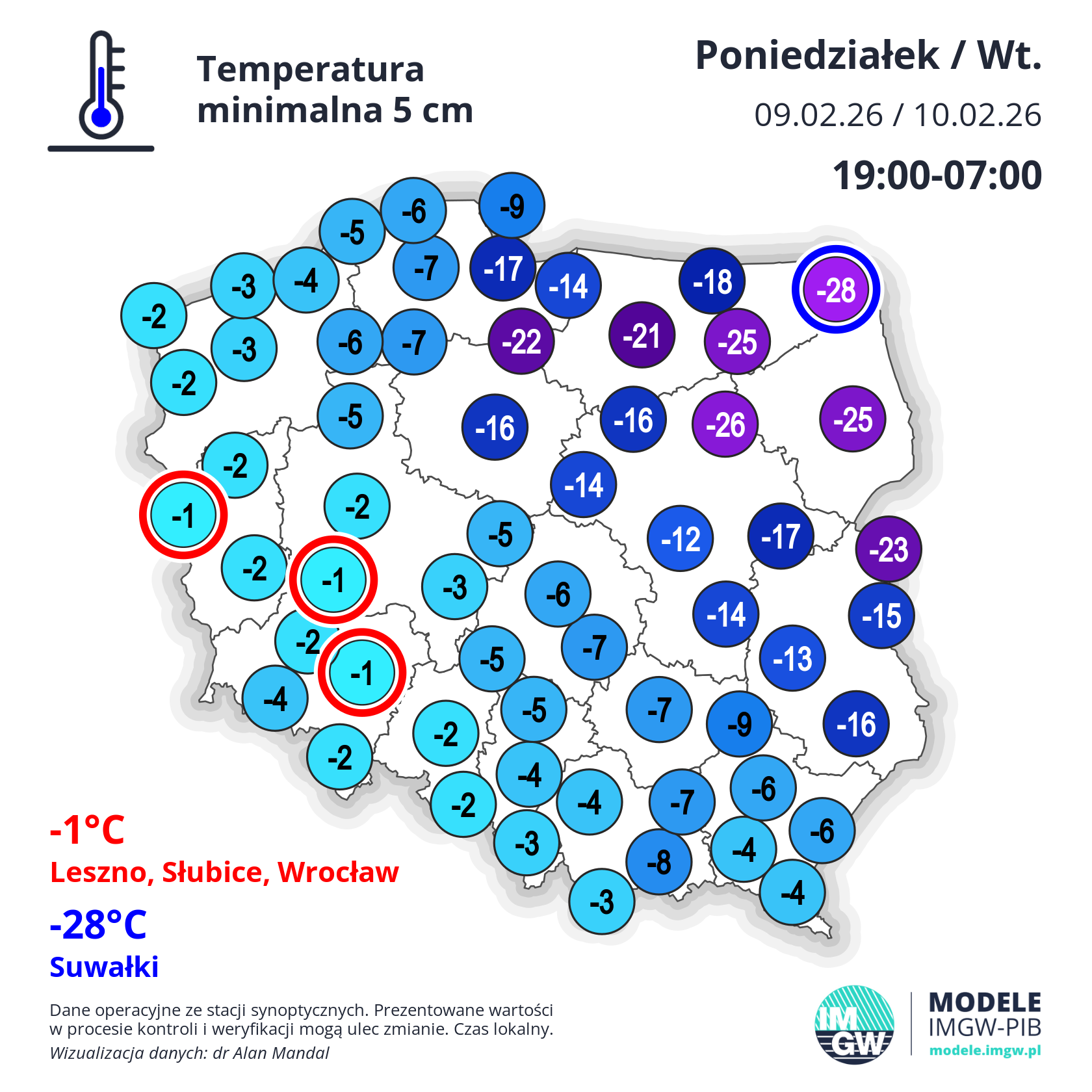 Temperatura minimalna w nocy z poniedziałku na wtorek (główne stacje synoptyczne IMGW)