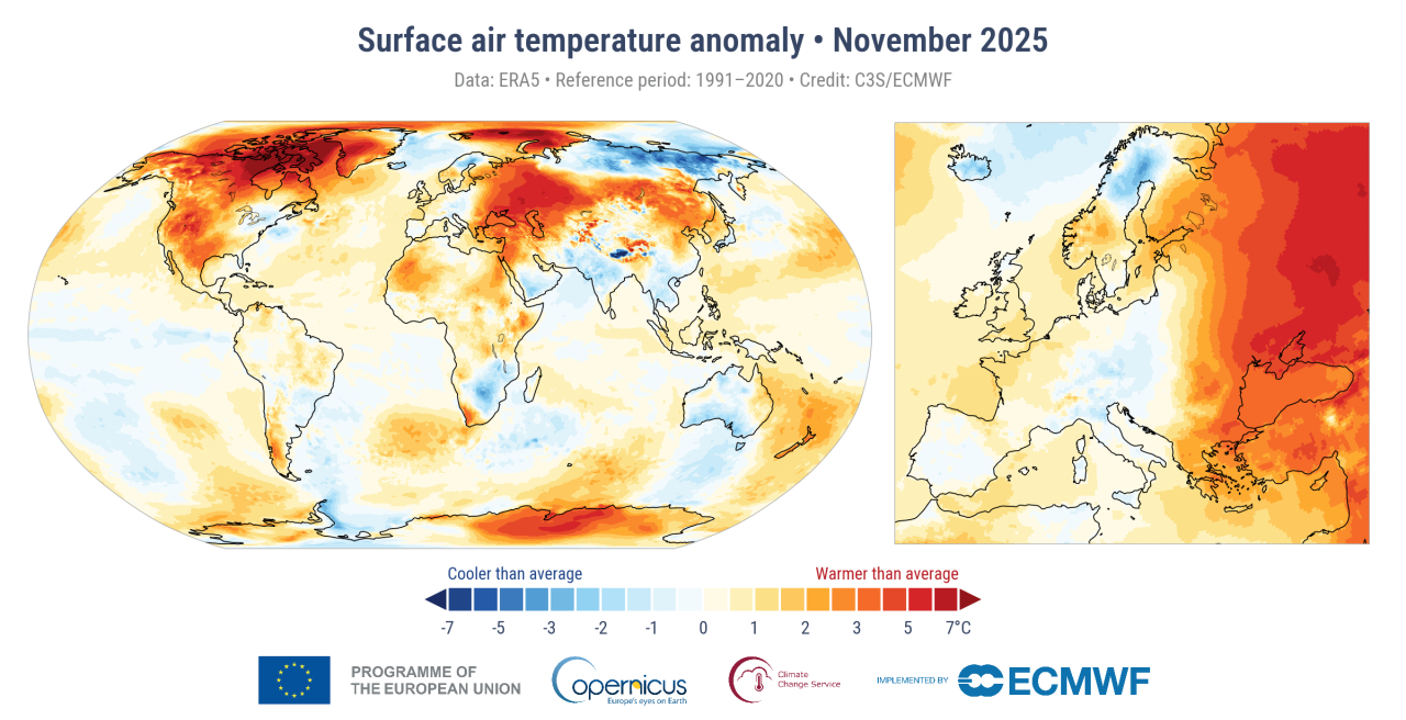 Anomalia temperatury powietrza przy powierzchni Ziemi w listopadzie 2025 r. w porównaniu ze średnią z lat 1991–2020