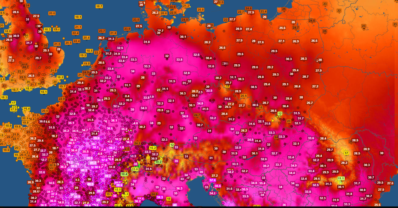 Temperatura w Europie w środę 13.08, godzina 17 czasu środkowoeuropejskiego letniego