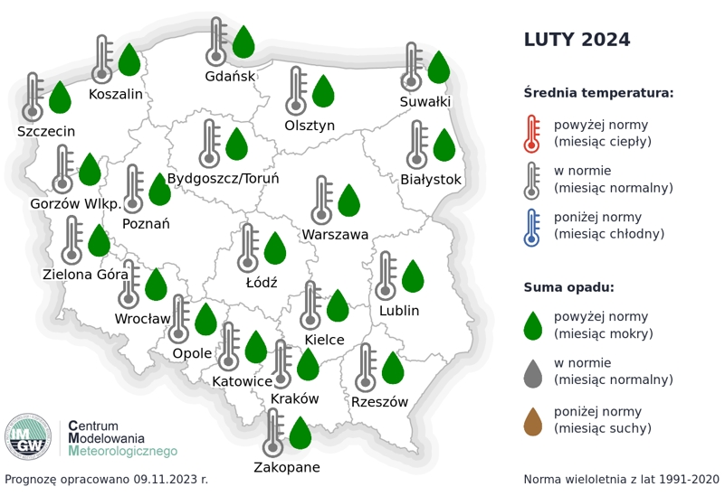 Prognoza średniej miesięcznej temperatury powietrza i miesięcznej sumy opadów atmosferycznych na luty 2024 r. dla wybranych miast w Polsce