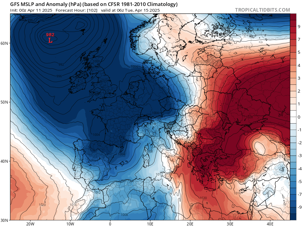 Prognozowane odchylenie na minus od normy ciśnienia atmosferycznego nad zachodnią Europą