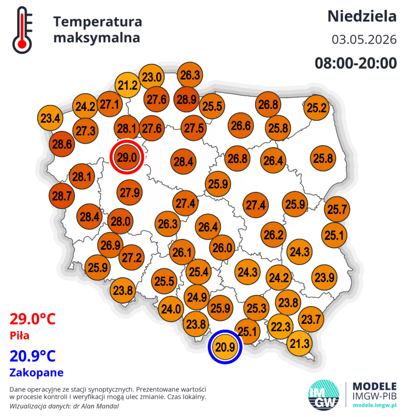 Temperatura maksymalna w niedzielę 3 maja dla stacji synoptycznych IMGW pierwszego rzędu