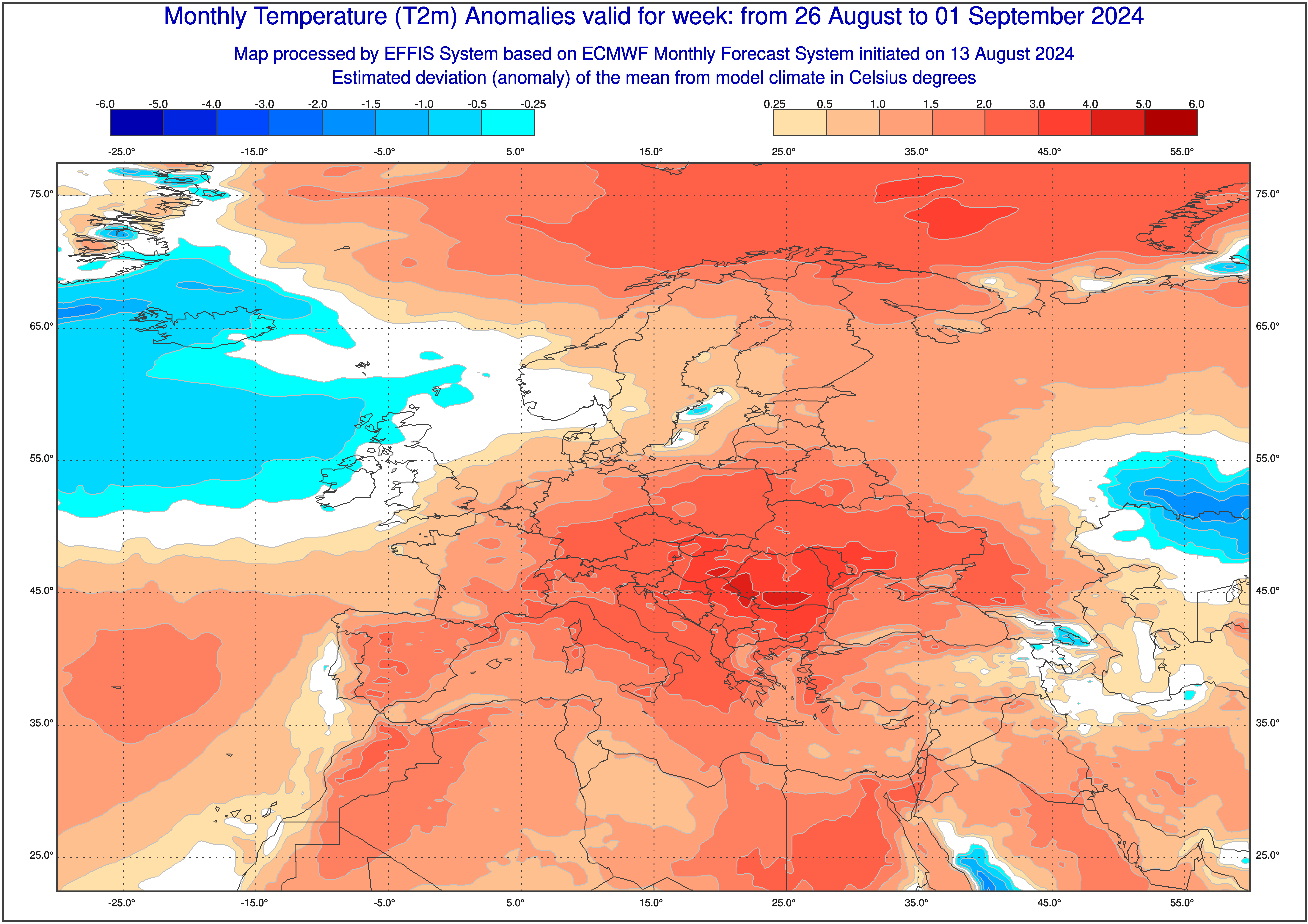 Prognozowane odchylenie temperatury średniej od normy od 26 sierpnia do 1 września
