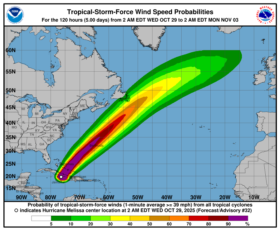 Prawdopodobieństwo wystąpienia podmuchów wiatru o sile burzy tropikalnej (pow. 63 km/h) w ciągu nadchodzących 5 dni. Godziny dla strefy czasowej obowiązującej na Kubie i Bahamach