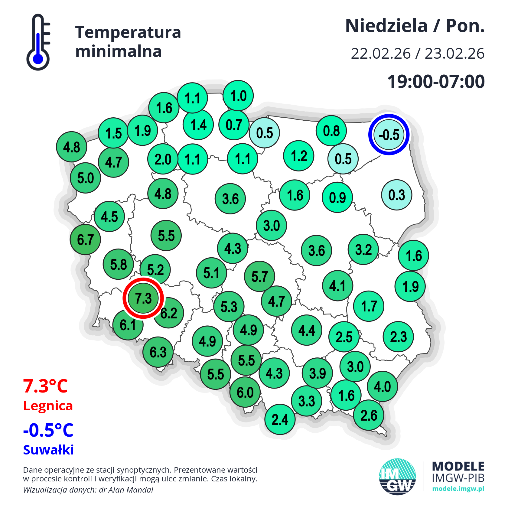 Temperatura minimalna w nocy z niedzieli na poniedziałek