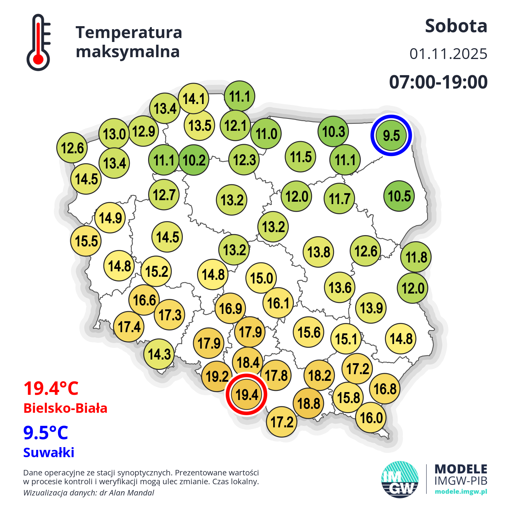 Temperatura maksymalna w sobotę 1 listopada 2025 r.