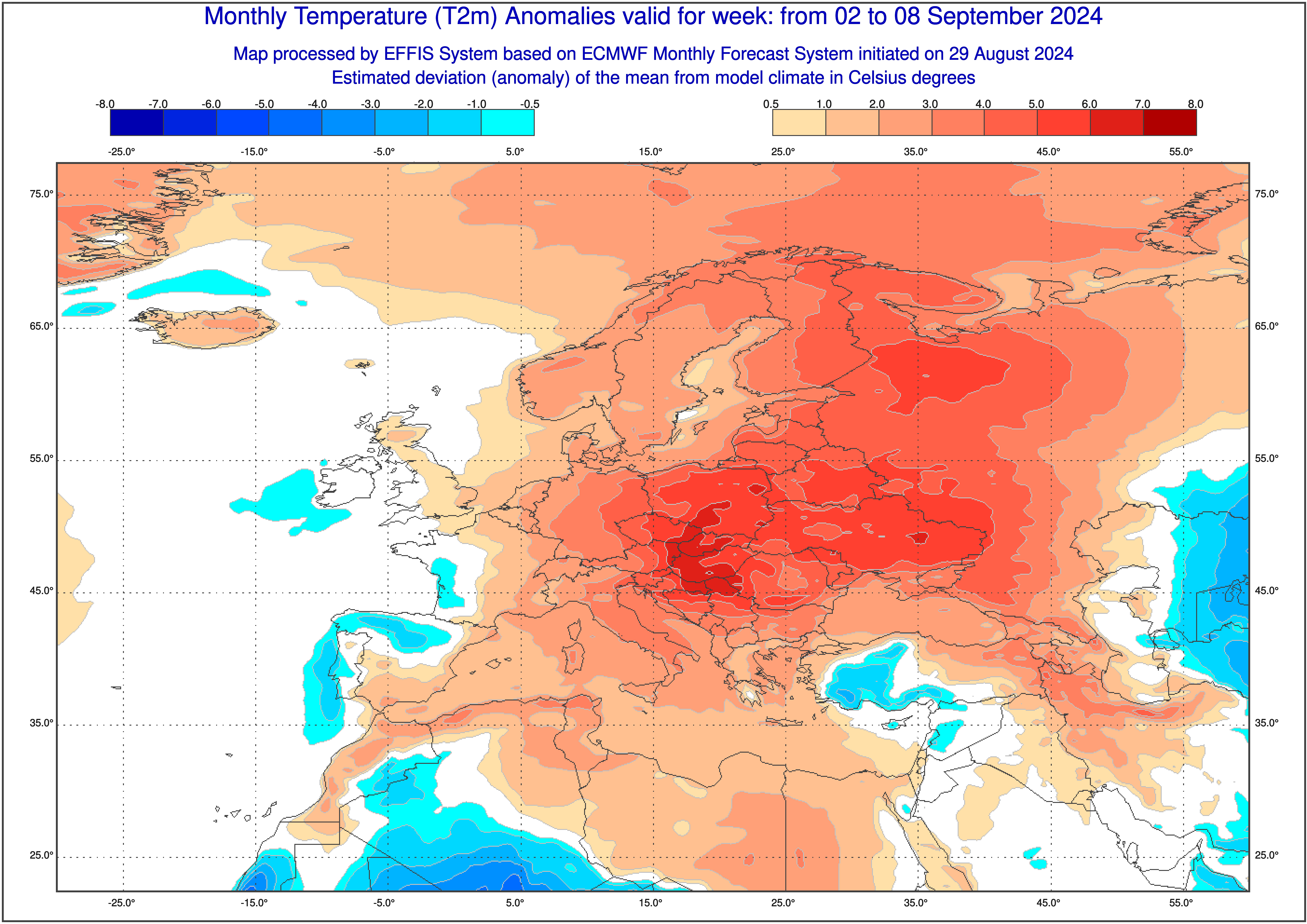 Prognoza odchylenia od normy średniej temperatury w dniach 2-8 września 