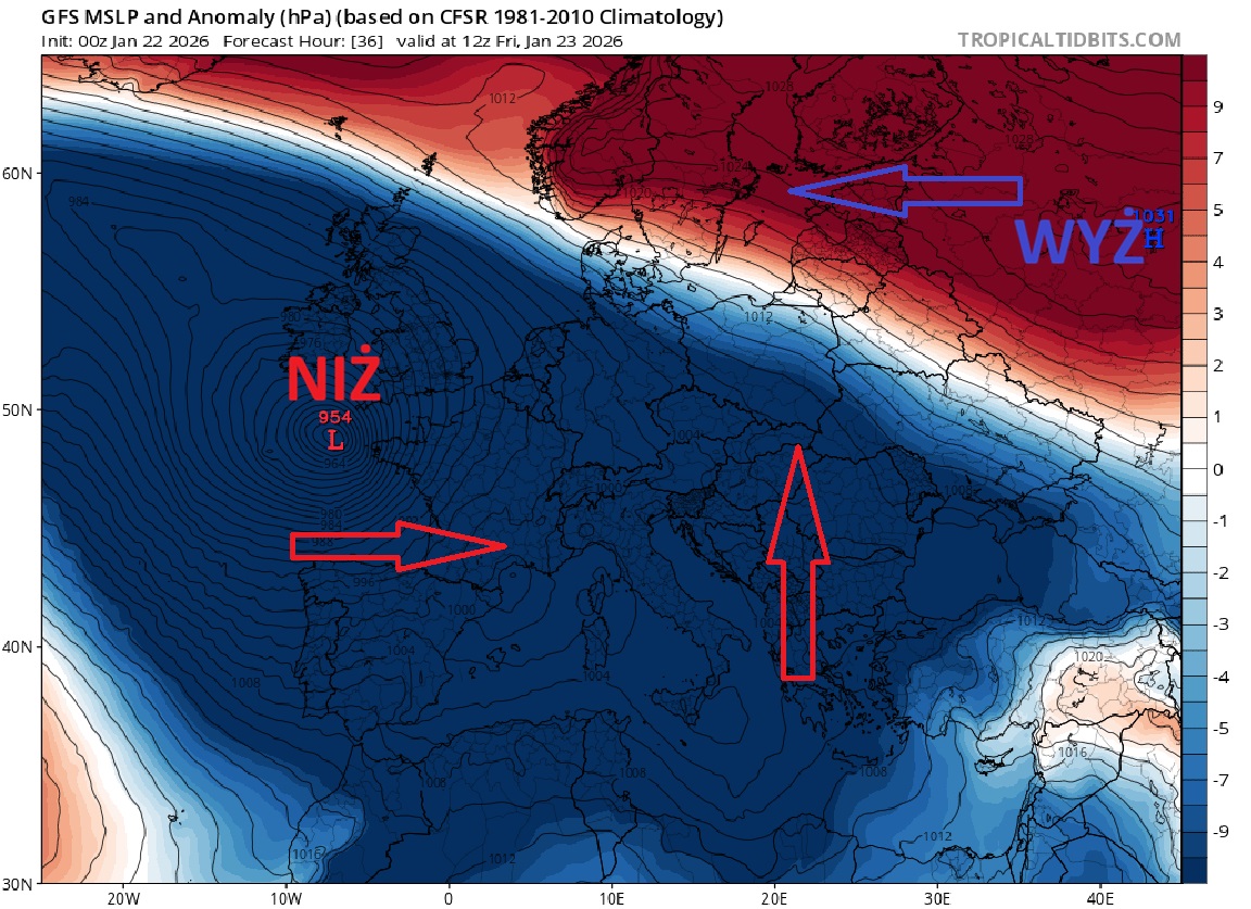 Rozrastający się obszar niżowy w piątek, napierający na rosyjski wyż