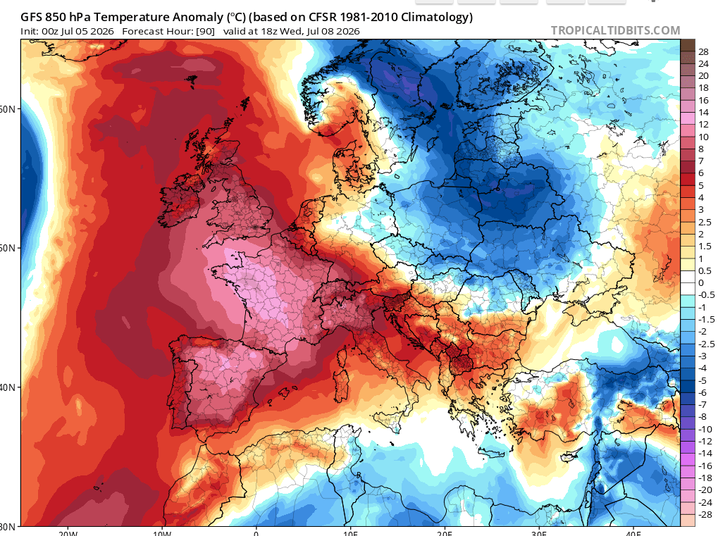 Anomalia temperatury w środę 8 lipca