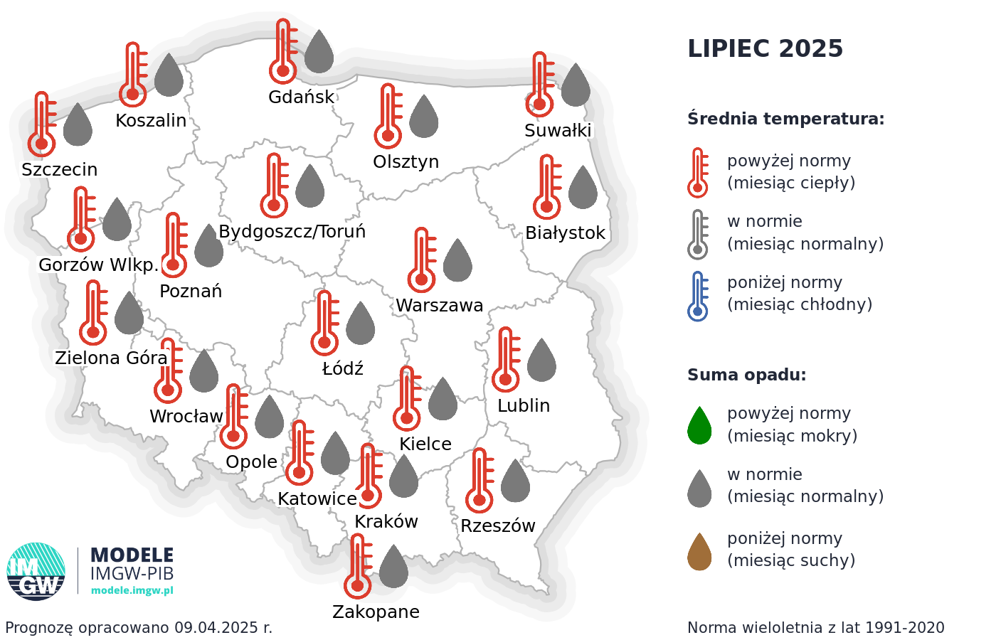 Prognoza średniej miesięcznej temperatury powietrza i miesięcznej sumy opadów atmosferycznych na lipiec 2025 r. dla wybranych miast w Polsce.