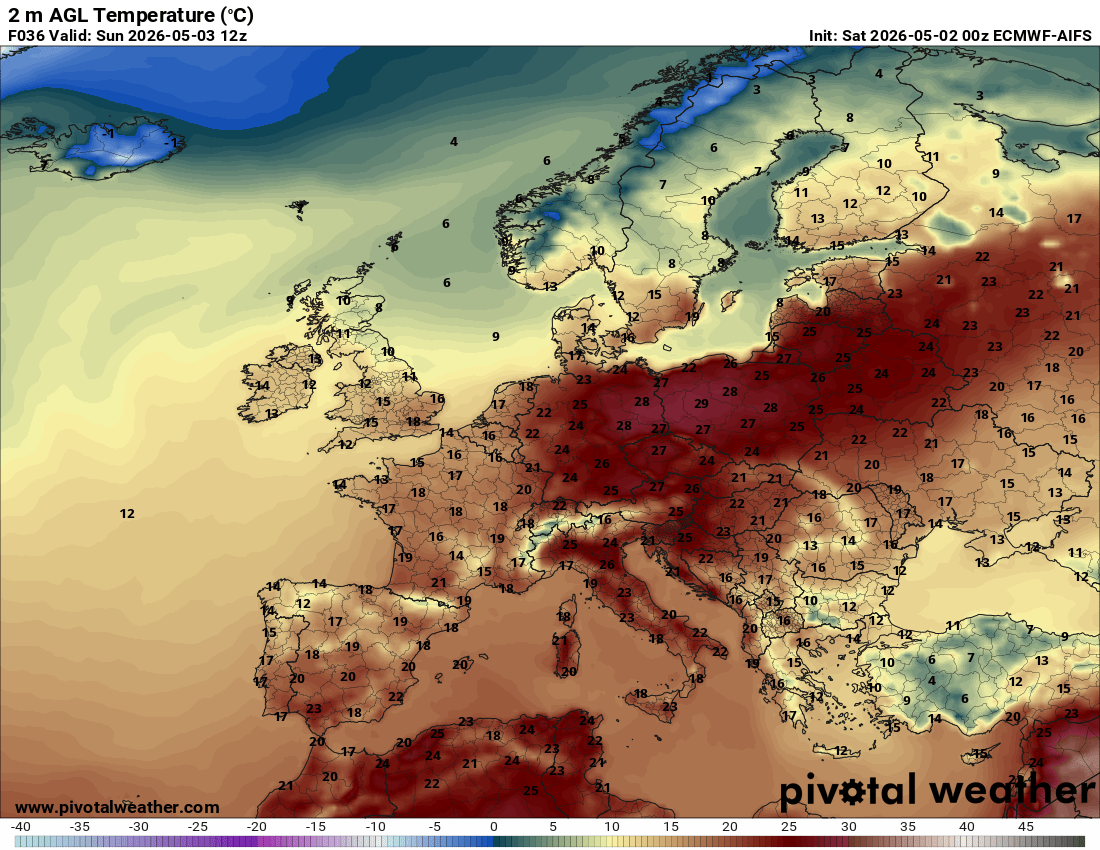 Prognozowana temperatura na 3 maja - ECMWF AIFS