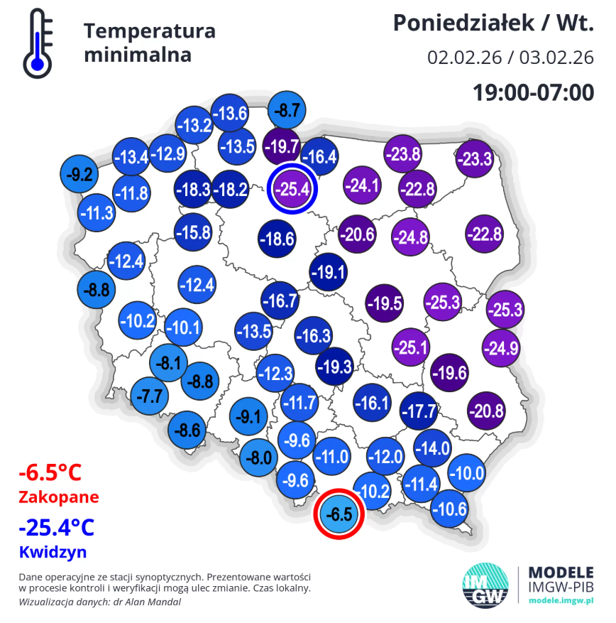 Temperatura minimalna w Polsce w nocy z poniedziałku na wtorek