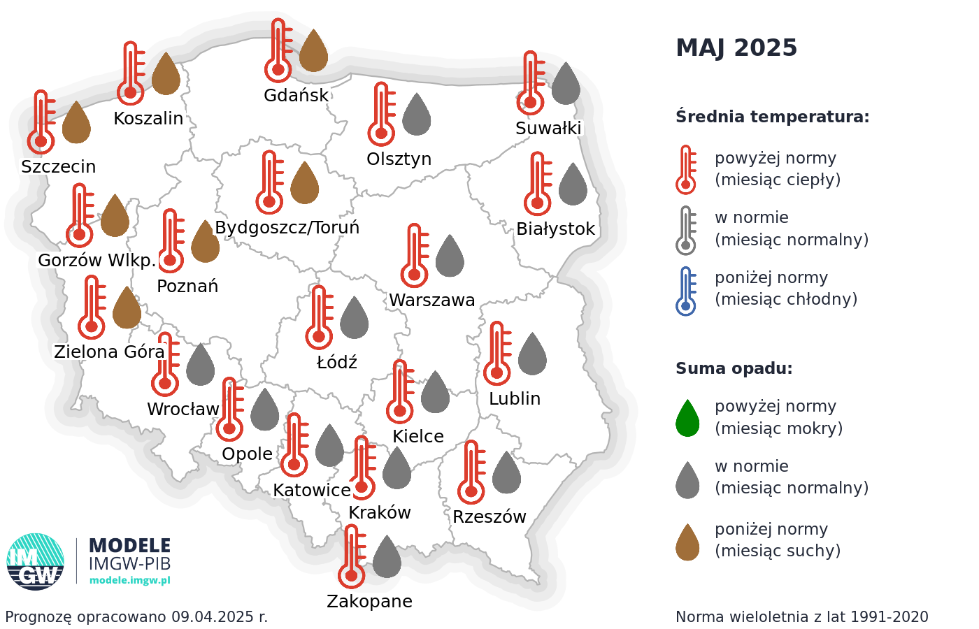 Prognoza średniej miesięcznej temperatury powietrza i miesięcznej sumy opadów atmosferycznych na maj 2025 r. dla wybranych miast w Polsce.