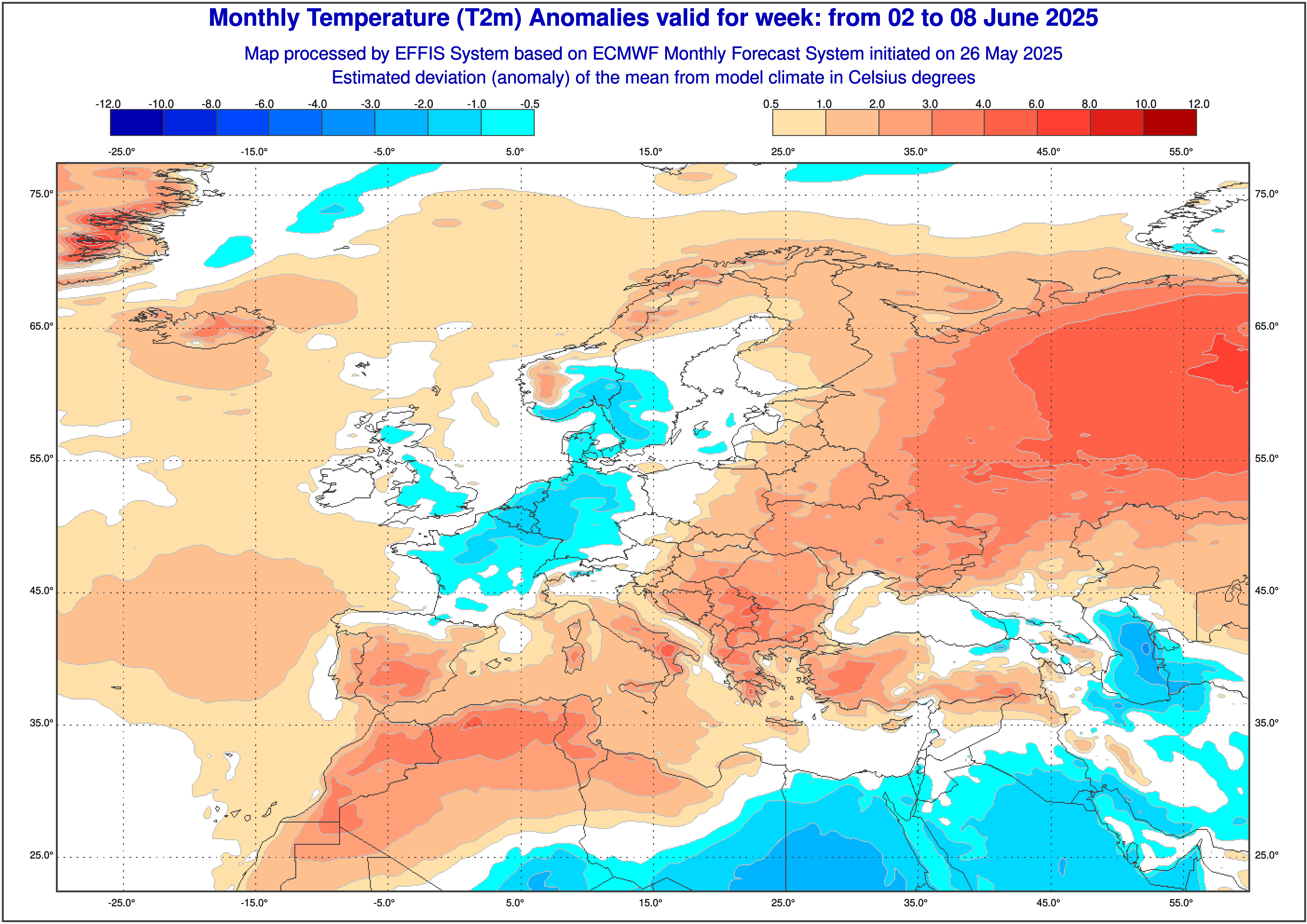 Anomalia temperatury nad Europą w dniach 2-8.06