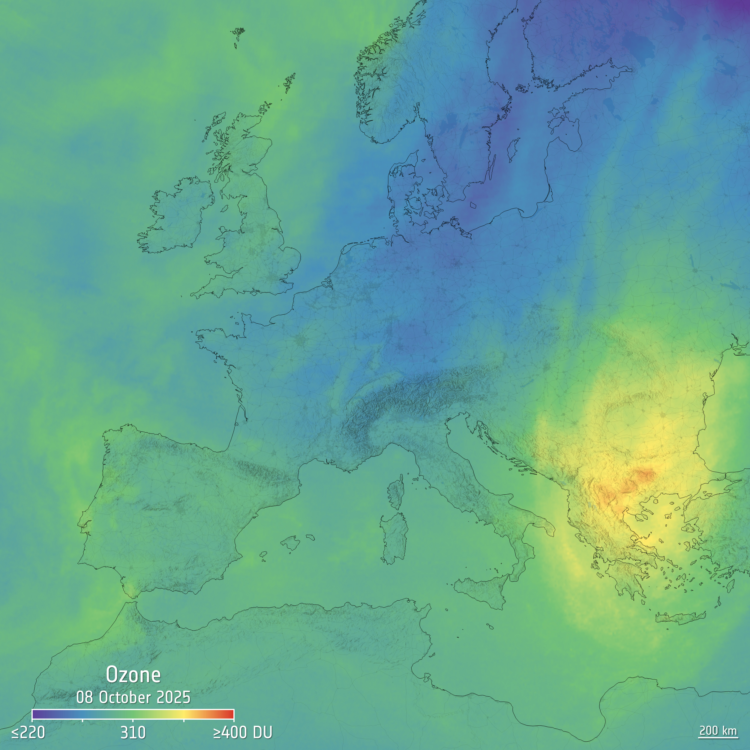 Stężenie ozonu troposferycznego nad Europą, 8.10.2025
