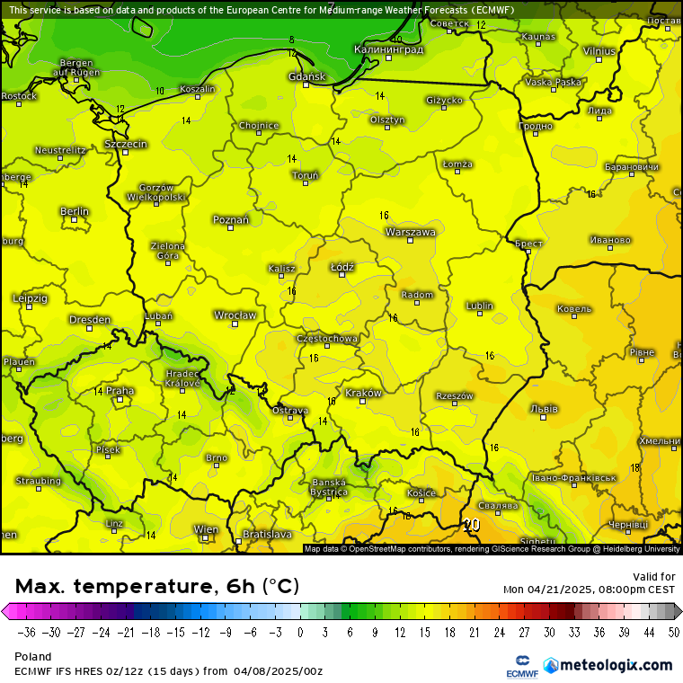 Prognozowana temperatura maksymalna na Poniedziałek Wielkanocny 21.04