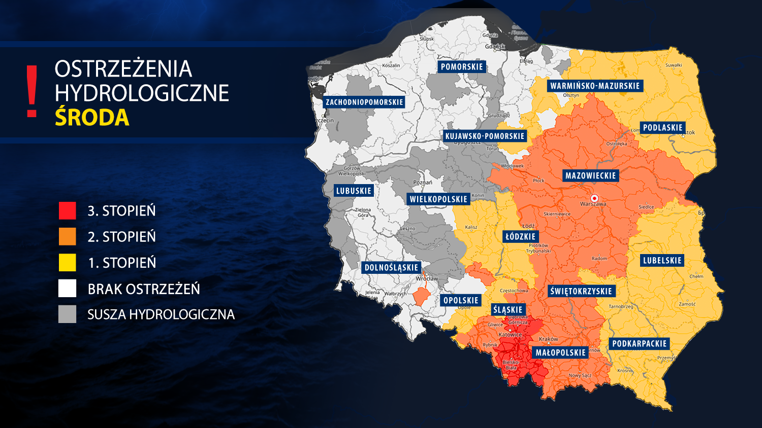Prognoza zagrożeń hydrologicznych na środę 