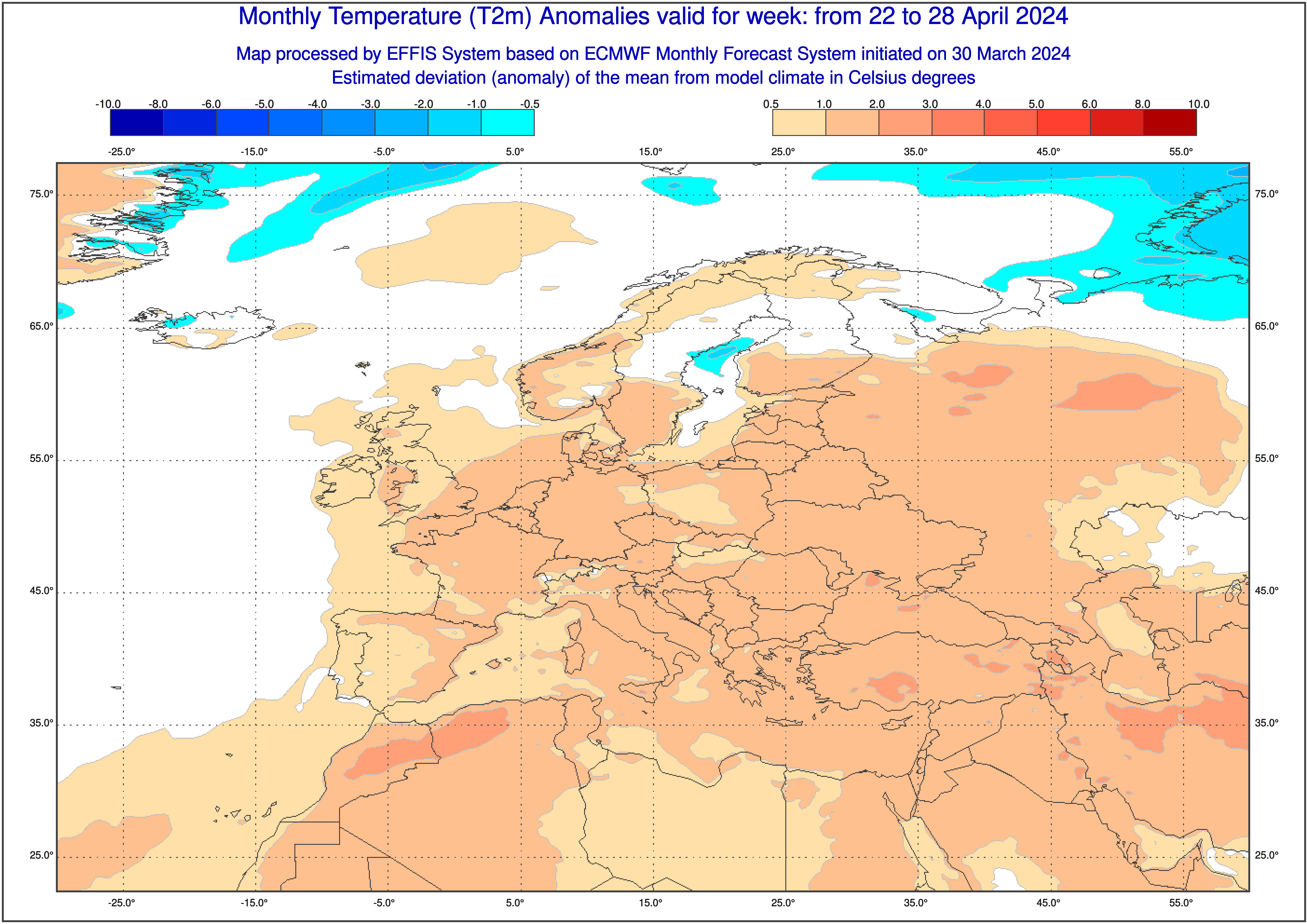 Prognoza odchylenia średnia temperatury od normy w dniach 22-28 kwietnia