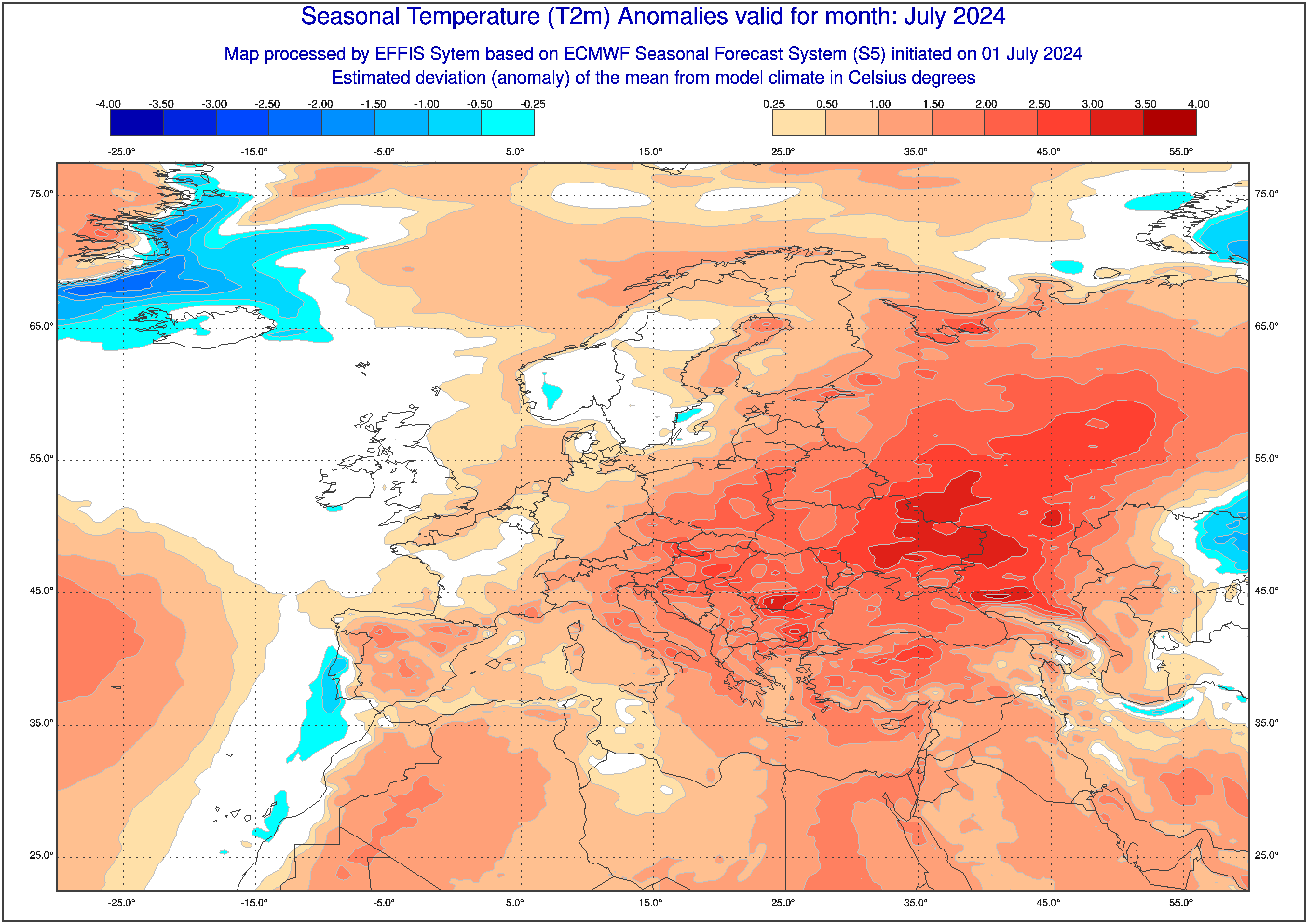 Prognoza odchylenia średniej temperatury od normy w lipcu 2024