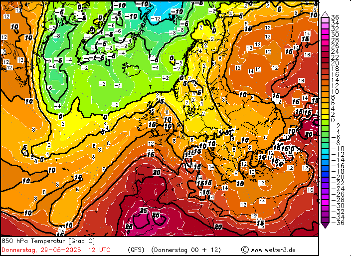 Klin gorąca nad Półwyspem Iberyjskim, temperatura na wysokości 1,5 km