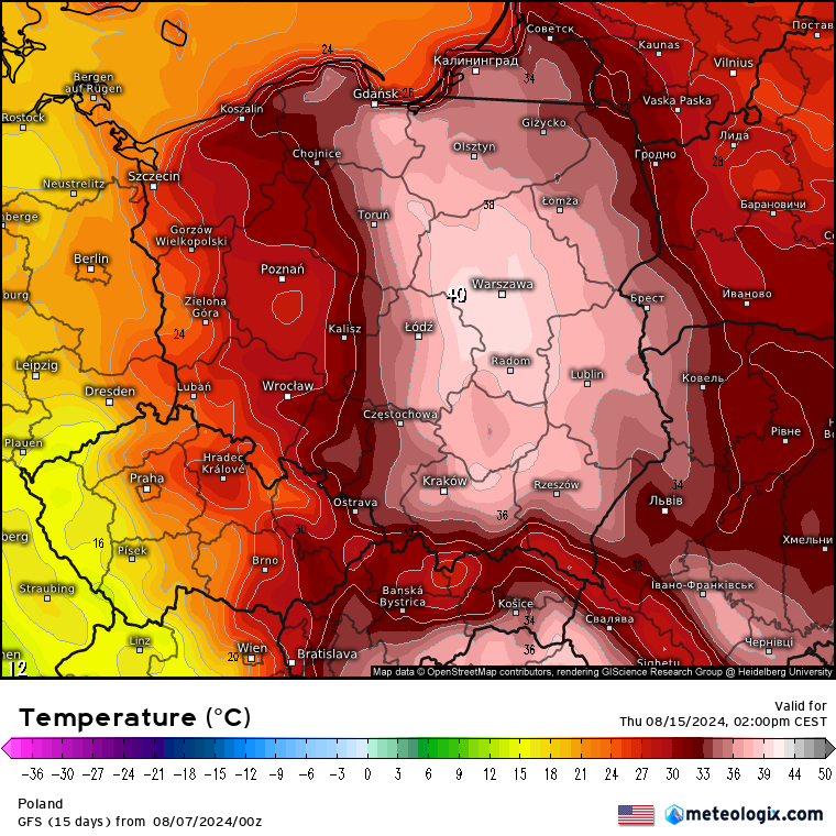 Temperatura maksymalna prognozowana na 15 sierpnia